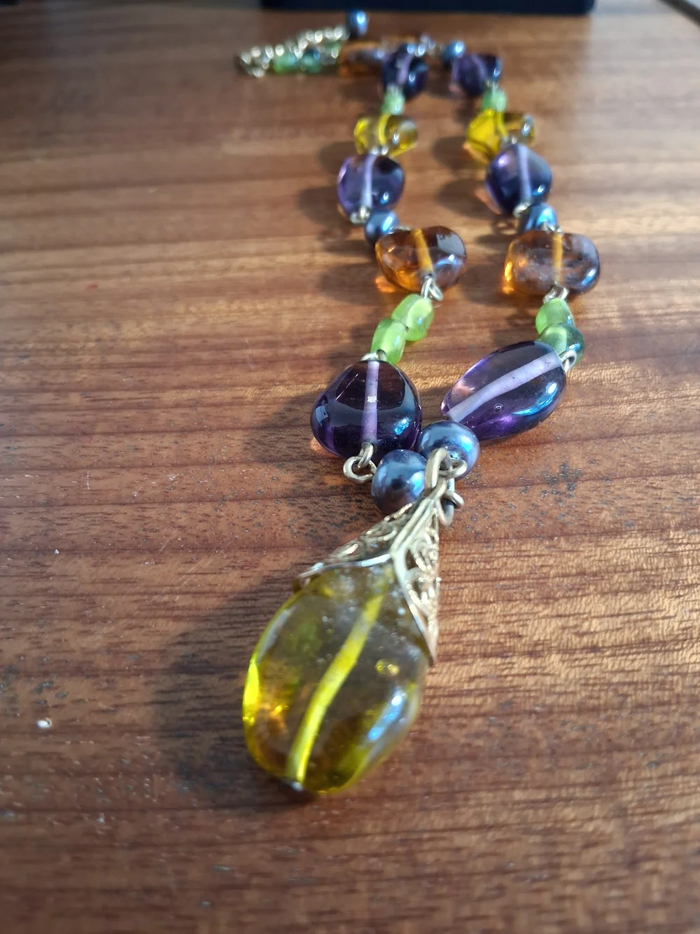 Multicolor Glass Bead Pendant Necklace - Elegant Yellow, Purple & Green